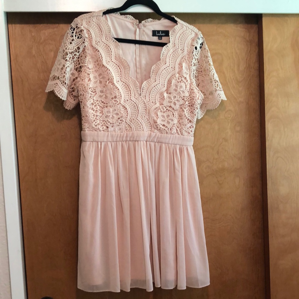 Lulus Angel in Disguise Blush Lace Skater Dress
